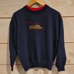 Womens Size M, Navy Crewneck Sweatshirt with Red Trim and Embroidered Dog,